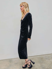 Temperament V-neck velvet starry sky mid length dress