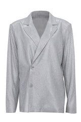 Sequin Notch Lapel Blazer Cami Bra Straight Leg Pants Matching Set - Silver