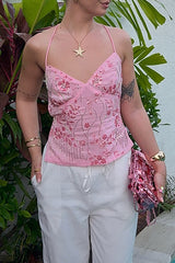 Sequin Floral Pattern V Neckline Halter Open Back Top - Pink