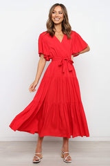 Solid Color Short-Sleeved Long Skirt Dress Dress V-Neck Lace-Up Dress