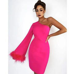 Feather cuff single shoulder rose red dress