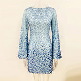 Neck Elegant Flare Sleeve Blue Sequins Party High Street Mini Straight Women Glitter Dress