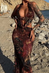 Mixed Print Cutout Slim Fit Halter Maxi Skirt 2 Pcs Sets - Brown - Brown