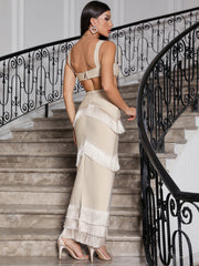 Knitted camisole bandage dress with layered tassel design revealing waist and sexy long skirt