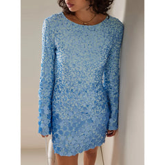 Neck Elegant Flare Sleeve Blue Sequins Party High Street Mini Straight Women Glitter Dress