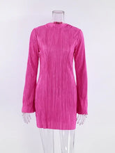 O-neck Flare Sleeve Slim Short Party Dresses Streetwear Rose Red Pink Bodycon Mini Office Work Pleated Dress