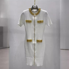 Golden nail bead sequin chain short sleeved dress with slim fit and goddess style