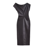 Asymmetric dress, long skirt, temperament, slim fit, hip hugging, faux leather pleated dress