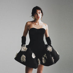 Black Color Women Sexy Strapless Florals Ball Grown Mini Bandage Dress Birthday Party Celebrate Cocktail Dress Wholesale