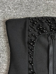 Patchwork Cut Out Pearls Slimming Dress Strapless Sleeveless High Waist Hollow Out Short Dress Club Party Outfits
