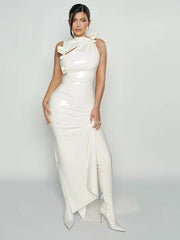 Chic And Elegant Stereo Flowers Sleeveless Synthetic Leather Party Evening Dress Vestidos