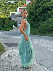 Feather Shinny Mock Turtleneck Halter Dresses Women Sexy Backless Sleeveless Irregular Hem Midi Vestido Lady Party Robes