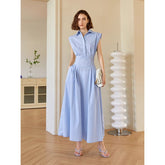 Blue polo collar sleeveless shirt dress right-angle shoulder waist long skirt