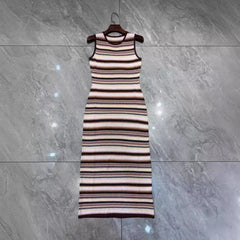 Striped sleeveless camisole waist-cinching figure-hugging high-elastic knitted dress