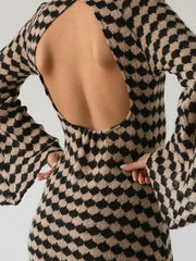 Print Knitted Dress Woman Autumn Backless Long Sleeve Sexy Midi Dresses Contrast Vacation Hallow Out Robe