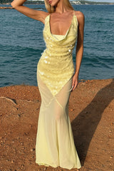Cowl Neck Sequin Halter Semi Sheer Fishtail Maxi Dresses - Yellow Pre Order