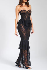 Lace See Through Strapless Formal Party Mermaid Maxi Dresses - Black