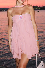 Halter Neck 3D Flower Ruffled Solid Color Mini Dresses - Pink