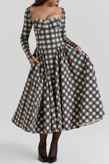 Plaid Pattern Long Sleeve Corset A - Line Pleated Midi Dresses - Red