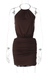 Solid Color Ruched Bodycon Halter Open Back Mini Dresses - Red