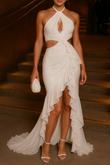 Halter Cutout Ruffled High - Low Fishtail Gowns Maxi Dresses - White Pre Order