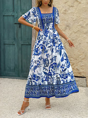 Holiday Blue Floral Print A-Line Maxi Dress