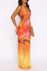 Plunge Neck Cutout Floral Print Fitted Halter Maxi Dresses - Orange