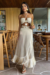 Halter Cutout Crochet Fringed Trim Backless Maxi Dresses - Beige