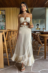 Halter Cutout Crochet Fringed Trim Backless Maxi Dresses - Beige