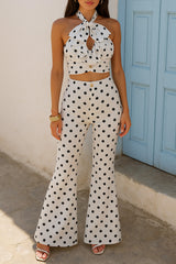 Polka Dot Print Halter Crop Top Flared Pants 2pcs Set - White Pre Order