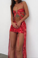 Pattern Print Sash Cut Out Halter Crop Top Vacation Mini Skirt Matching Set