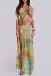 Gradient Pattern High Slit Halter Irregular Maxi Dresses - Green