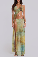 Gradient Pattern High Slit Halter Irregular Maxi Dresses - Green