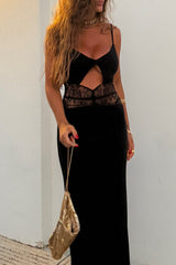 V Neckline Cutout Lace Patchwork Bodycon Slip Maxi Dresses - Black Pre Order