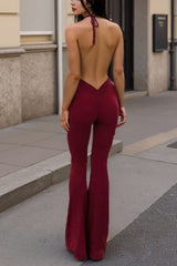 Keyhole Halter Neck Backless Solid Party Flare Leg Jumpsuit - Red