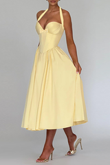 Halter Neck Corset Design Solid Color A - Line Midi Dresses - Yellow