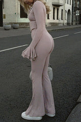 Ruffled Flare Sleeve Crop Top Solid Color Pants Matching Set - Thistle