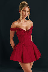 Frilled Trim Off Shoulder Corset Pleated A - Line Mini Dresses - Red