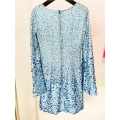 Neck Elegant Flare Sleeve Blue Sequins Party High Street Mini Straight Women Glitter Dress