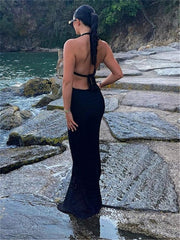 Hanging neck backless strap knitted long dress beach dress