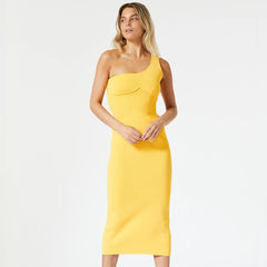 Solid Color Slanted Shoulder Yellow Single Shoulder Sleeveless dress