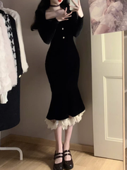 Retro Meerjungfrau Kleid Damen Herbst schwarz Retro Samt Kleid