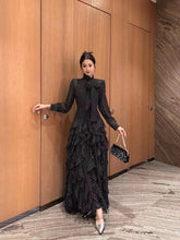 Elegant and stylish stand up collar bow polka dot print waist cinched ruffle edge dress