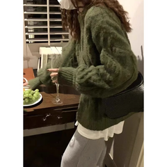 Women's dark green twist sweater autumn and winter