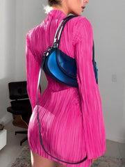 O-neck Flare Sleeve Slim Short Party Dresses Streetwear Rose Red Pink Bodycon Mini Office Work Pleated Dress