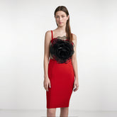 Ladies Splicing 3D Large Flowers Spaghetti Strap Backless Design Club Party Sleeveless Sexy Midi Bandage Dress