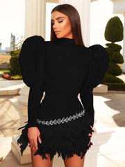 Women Celebrity Sexy Long Sleeve Feather Diamonds Black Red Mini Bodycon Bandage Dress Elegant Evening Club Party Dress