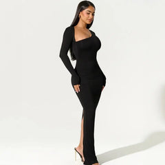 Sexy Black Evening Party Dress Women Elegant Fall Winter Outfits Asymmetrical Long Sleeve Slit Maxi Dresses 809
