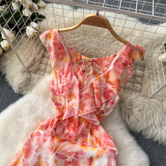 Vestido de fiesta de gasa con estampado floral, sin espalda y hueco