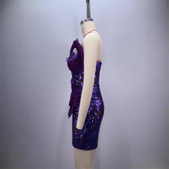 backless one shoulder design strapless mesh sequin tight purple mini dress